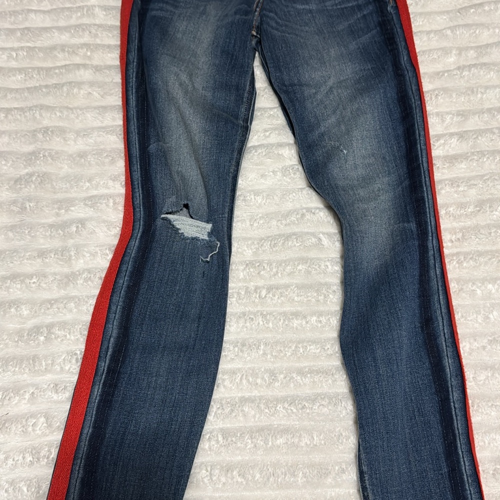 Express Blue Skinny Jeans with Red Stripe and Distressing